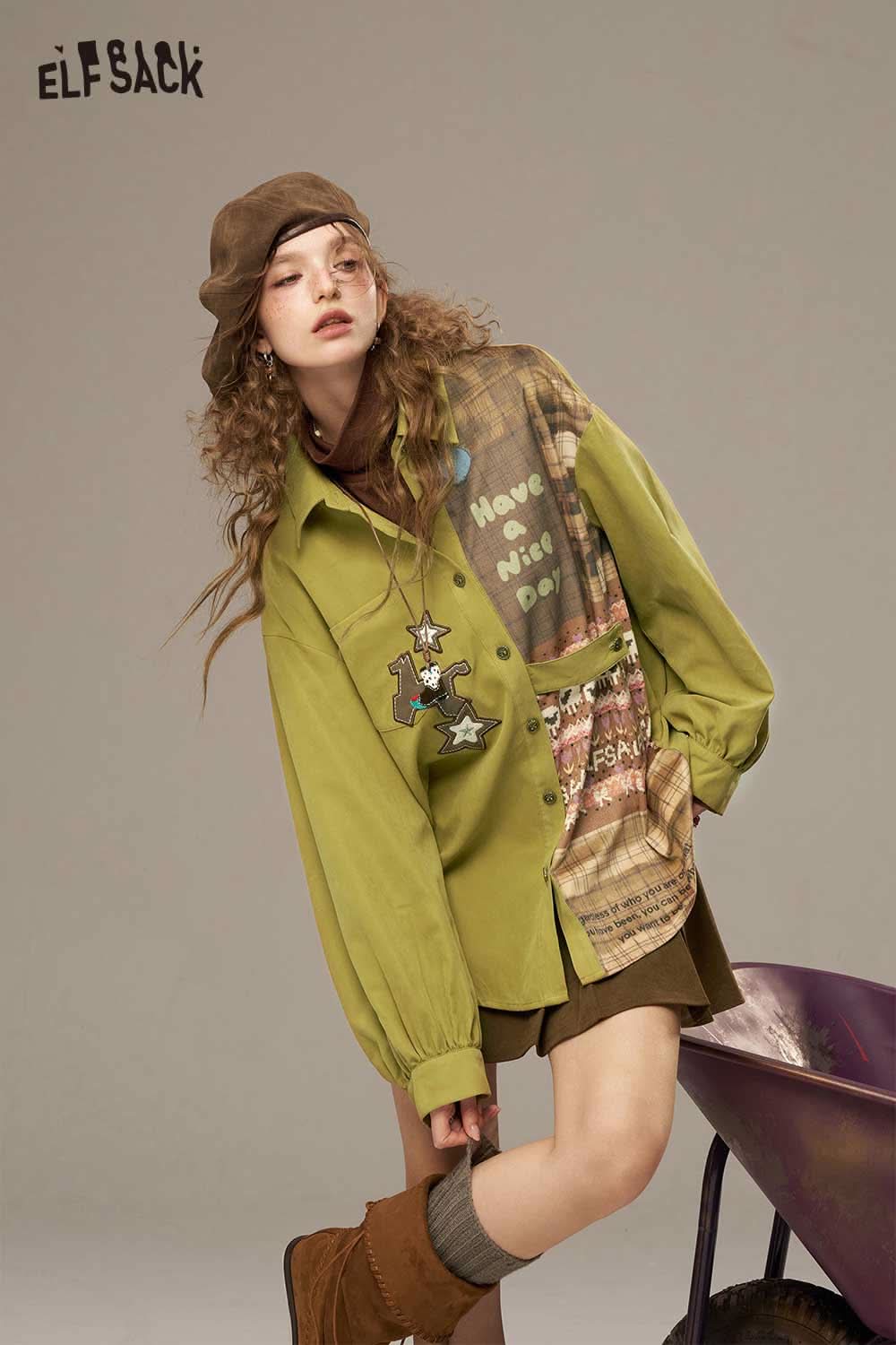 ELFSACK women's printed lantern sleeve shirt in green with stylish graphic design and relaxed fit