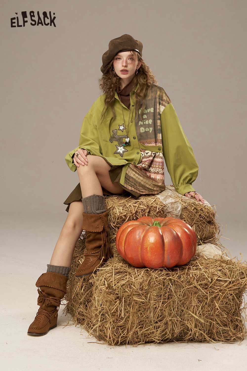 ELFSACK women's printed lantern sleeve shirt in green with unique graphics and oversized fit