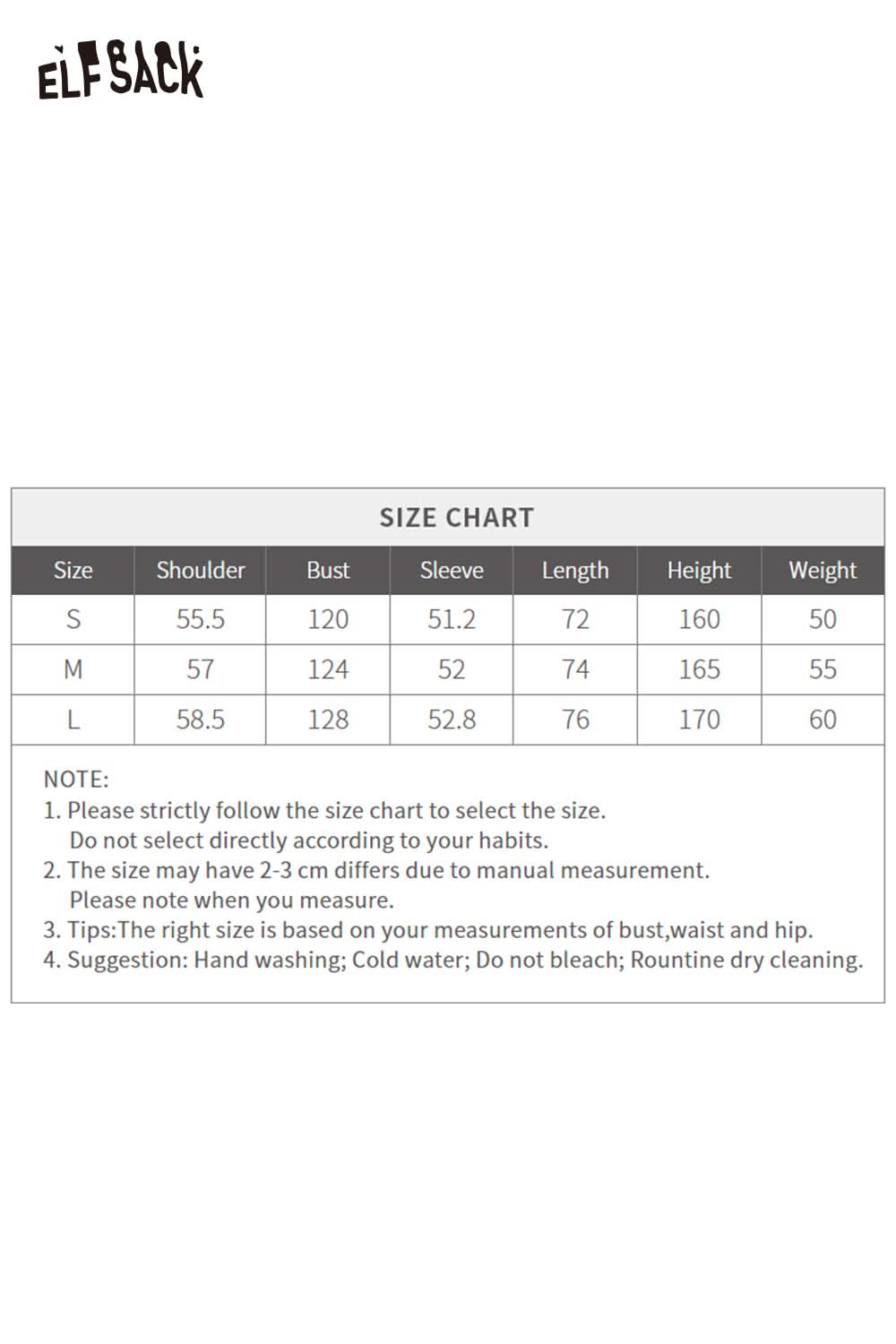 Size chart for ELFSACK women's printed lantern sleeve shirt showing measurements for S, M, and L sizes