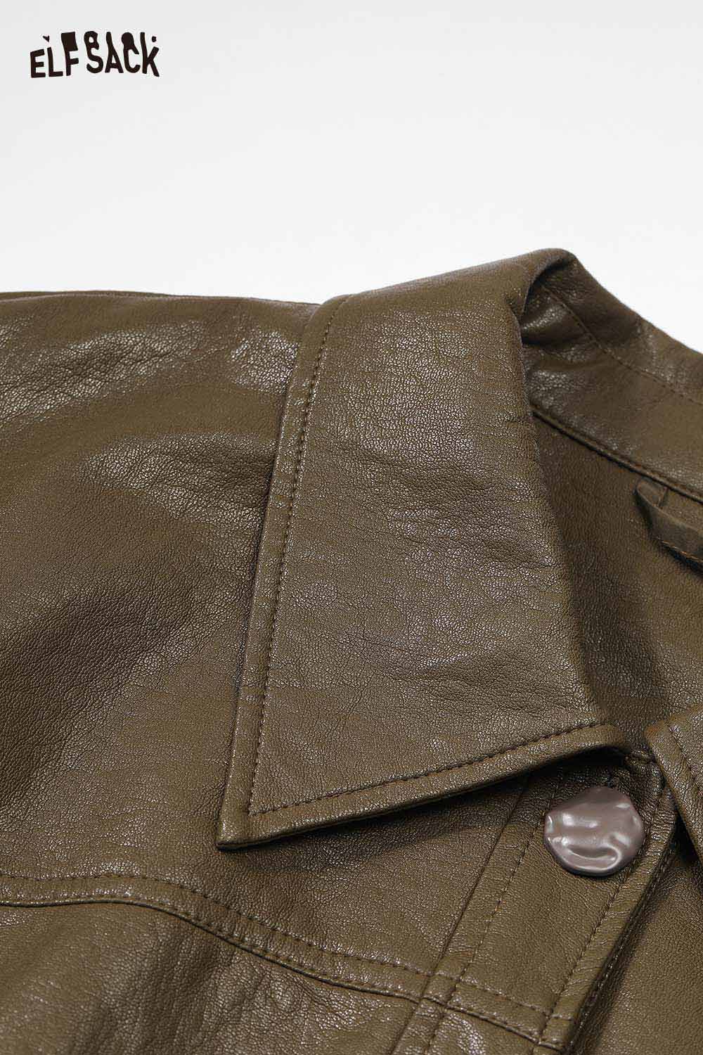 ELFSACK women's PU cropped moto jacket in olive green with stylish collar and button detail