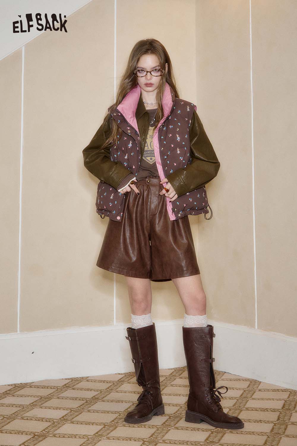 Women wearing an ELFSACK faux leather fur coat and shorts, showcasing a trendy women's PU cropped moto jacket