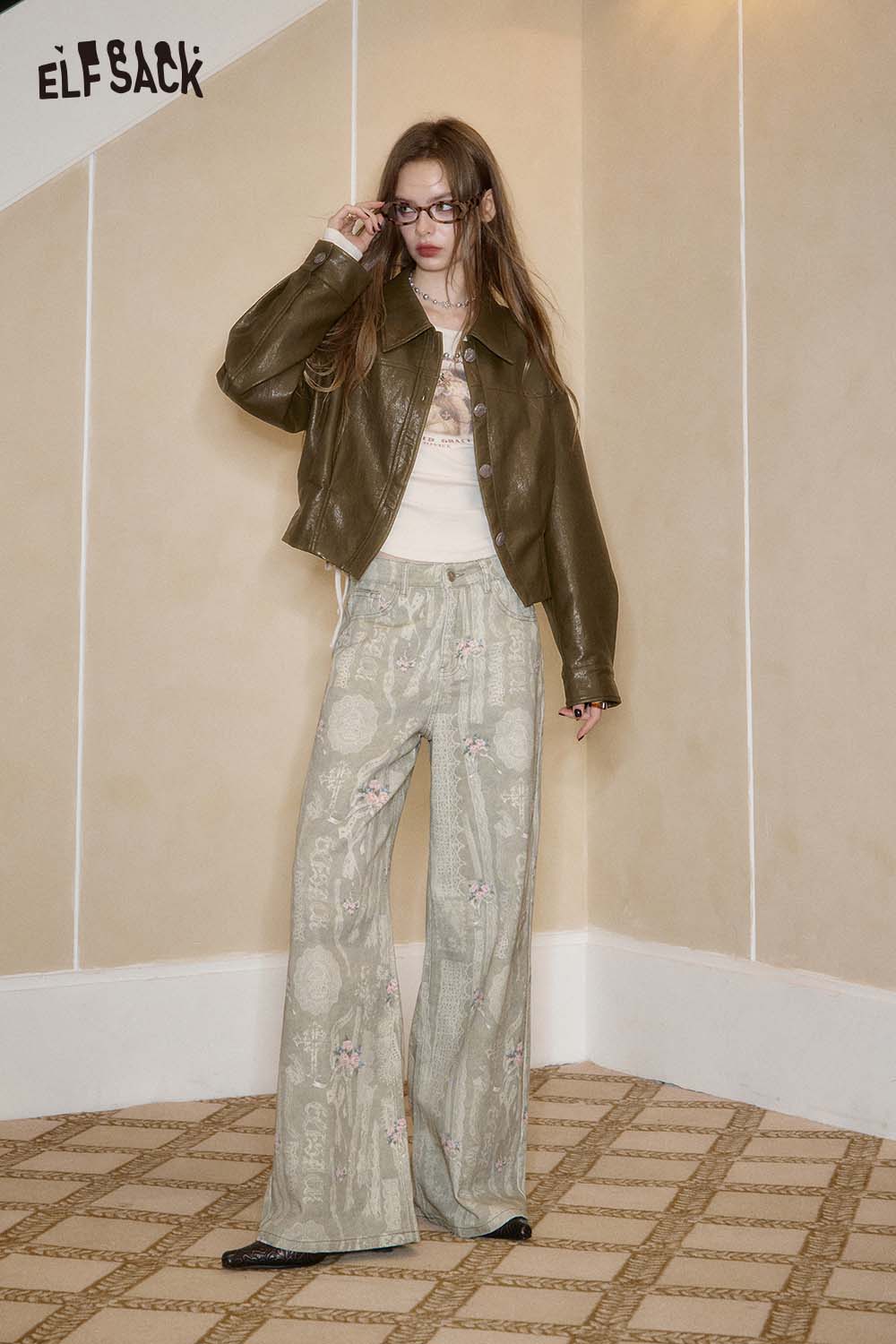 ELFSACK women's PU cropped moto jacket in olive green styled with patterned wide-leg pants