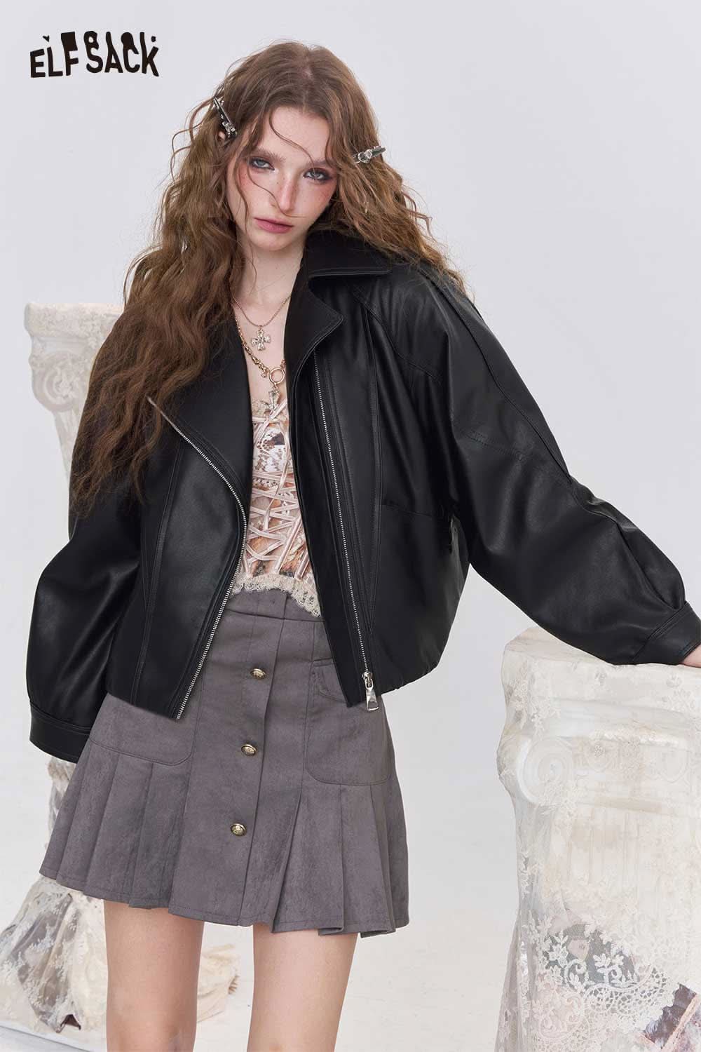 ELFSACK women's PU motorcycle jacket in black with stylish oversized sleeves for a chic look