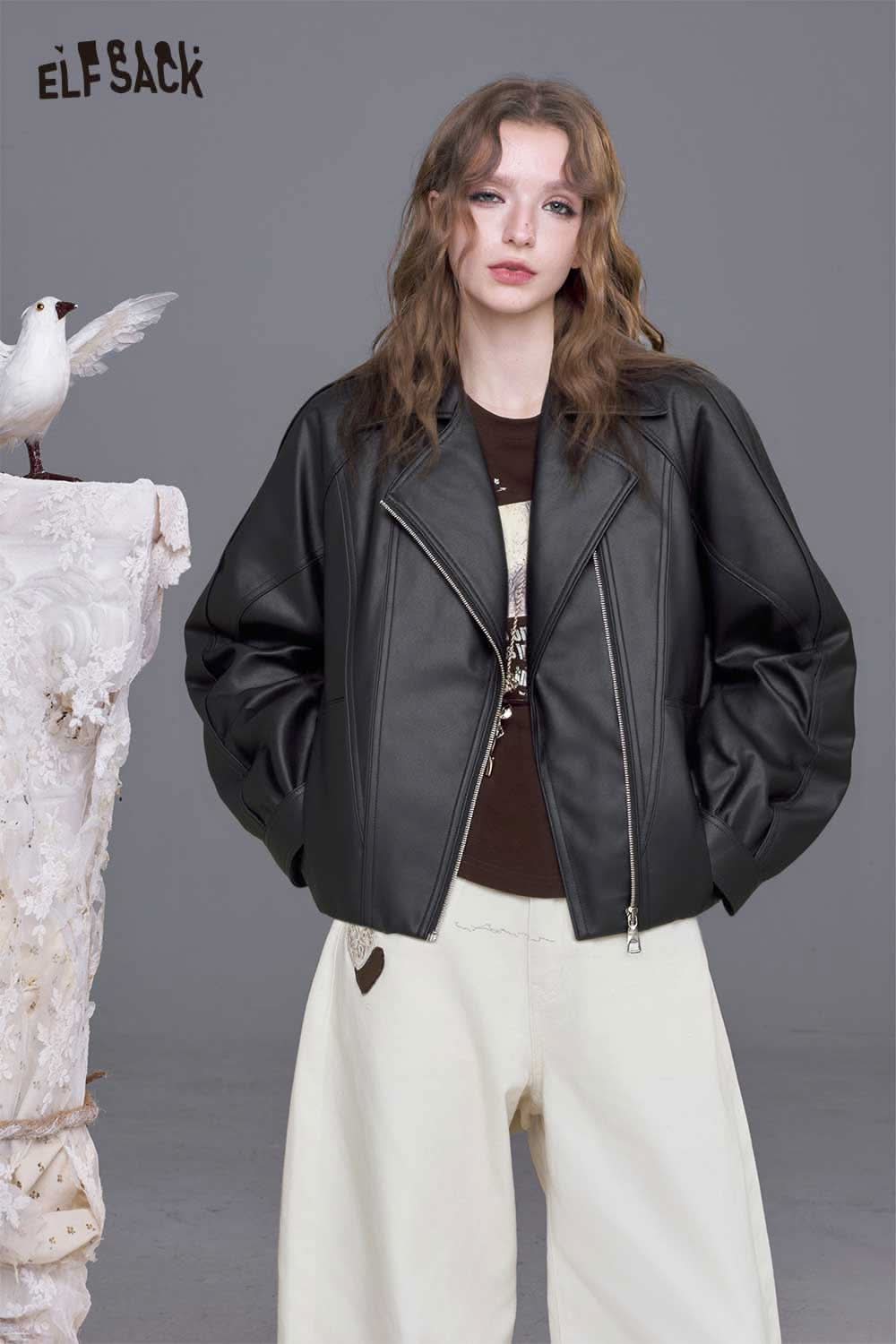 ELFSACK women's PU motorcycle jacket in black with a stylish cropped design and oversized sleeves