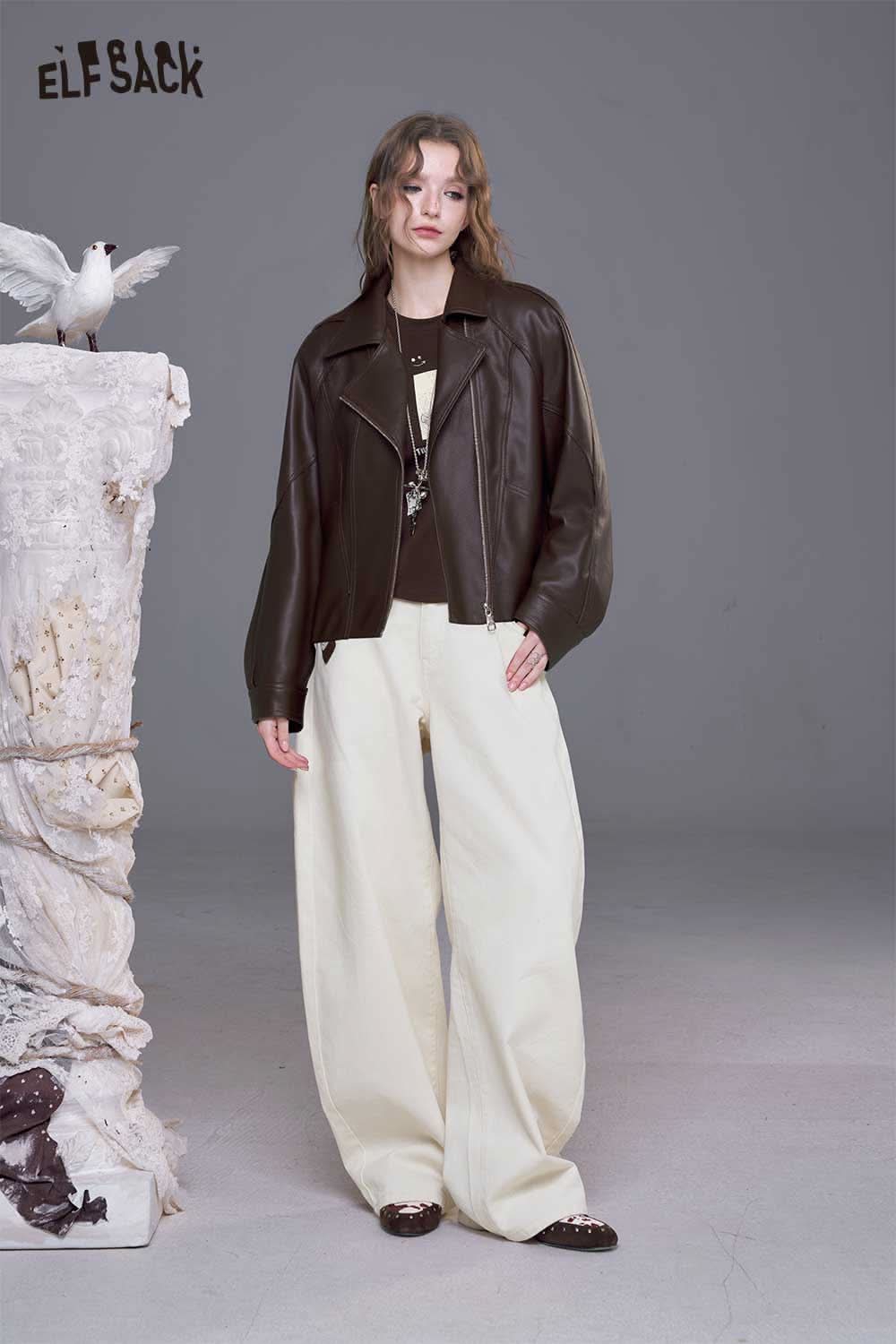 ELFSACK women's PU motorcycle jacket in brown, styled with wide-leg pants for a trendy look