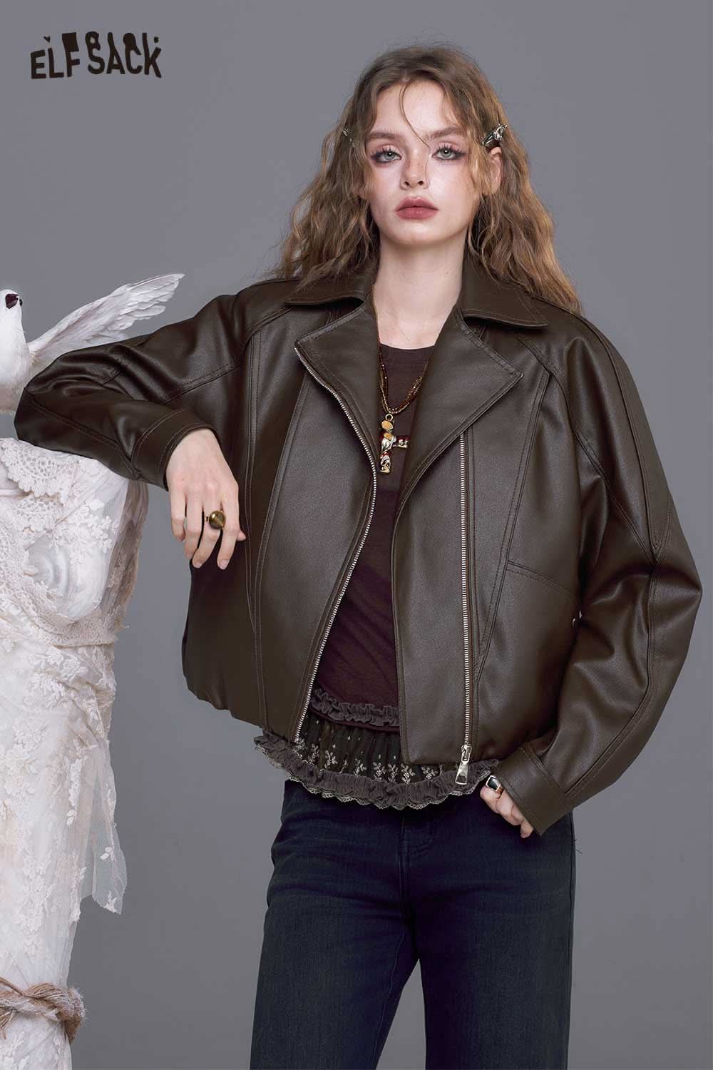 Trendy women's PU motorcycle jacket from ELFSACK in dark brown faux leather with a stylish cropped design