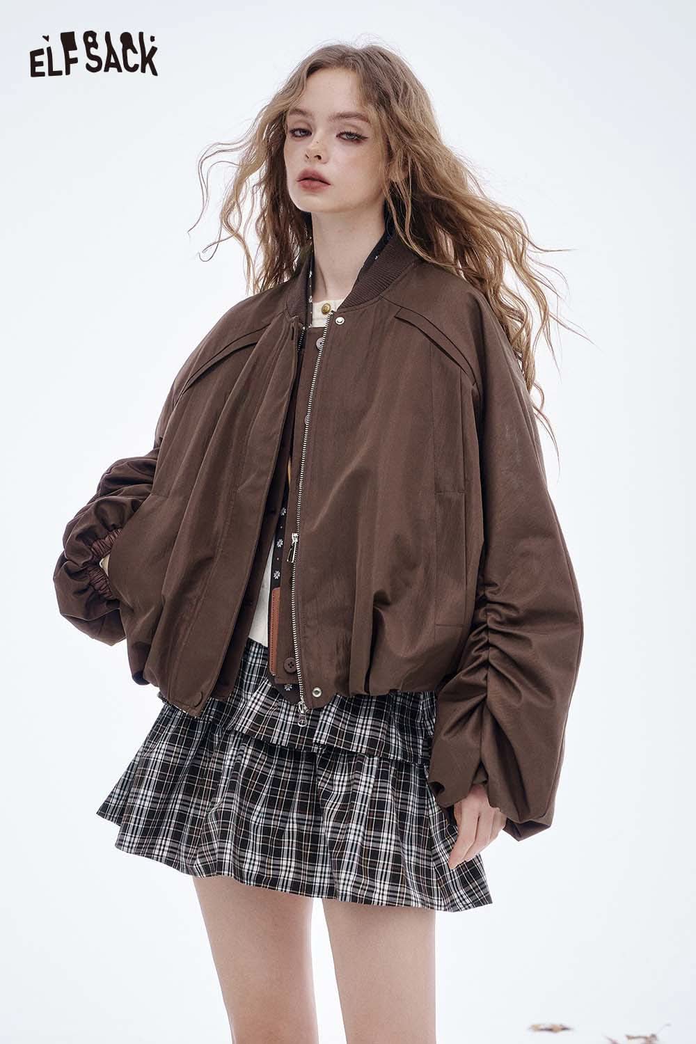 ELFSACK women's puff sleeve down jacket in brown, styled with a plaid skirt for a trendy look