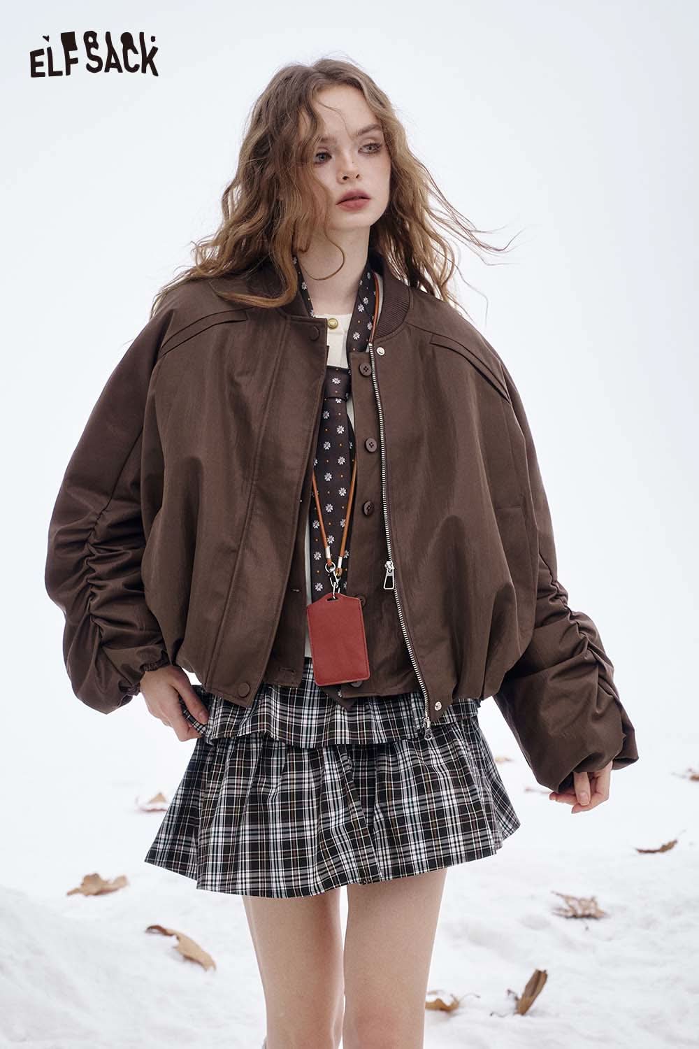 ELFSACK women's puff sleeve down jacket in brown with a relaxed fit and stylish design