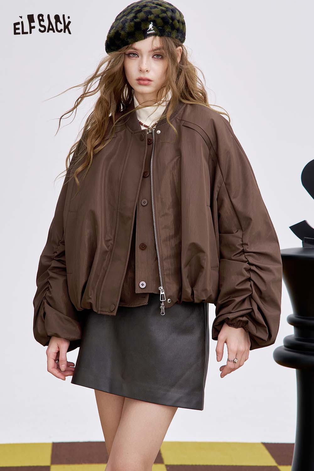 ELFSACK women's puff sleeve down jacket in brown with stylish design for a trendy look