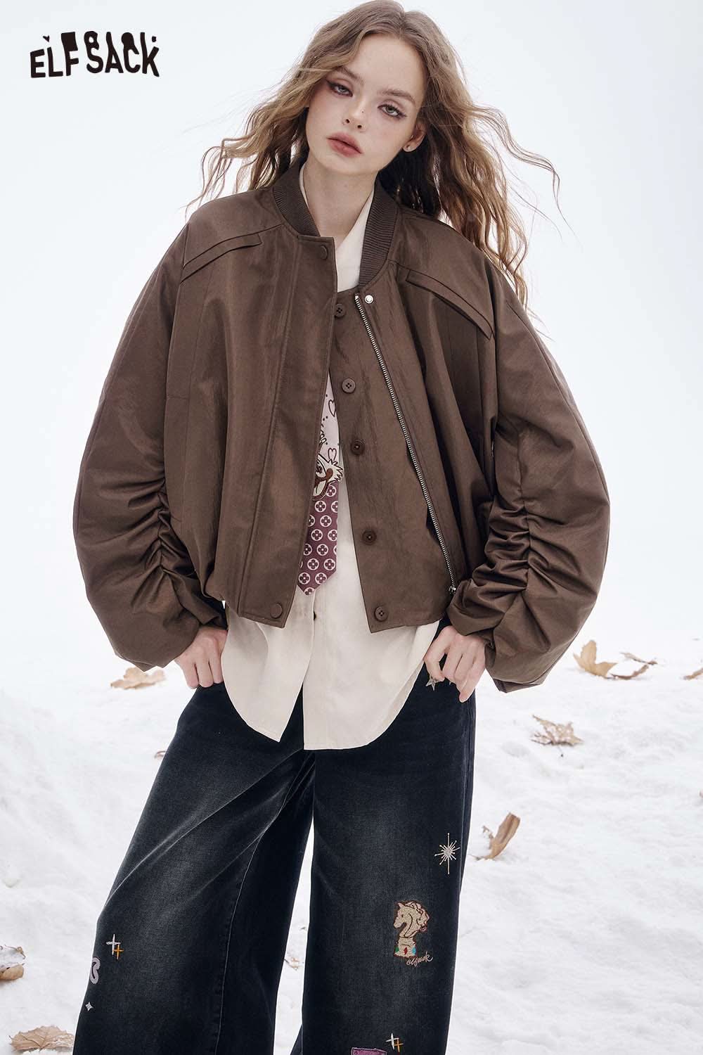 ELFSACK women's puff sleeve down jacket in brown, featuring a stylish oversized design and zip closure