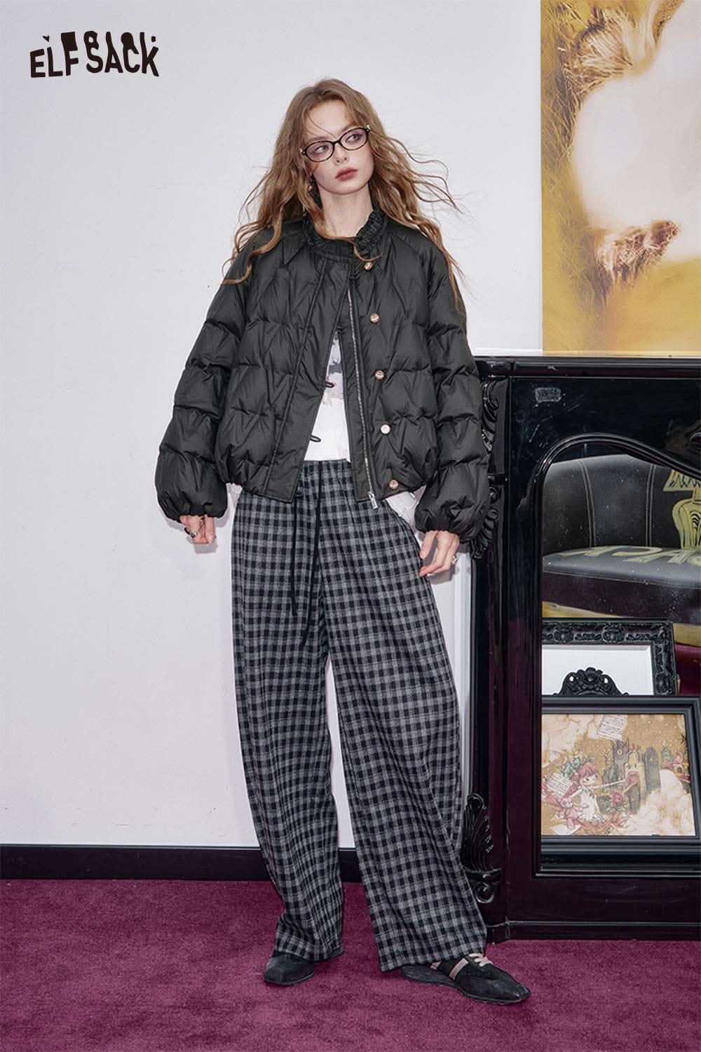 ELFSACK women's quilted puffer jacket in black, styled with plaid pants for a trendy winter look