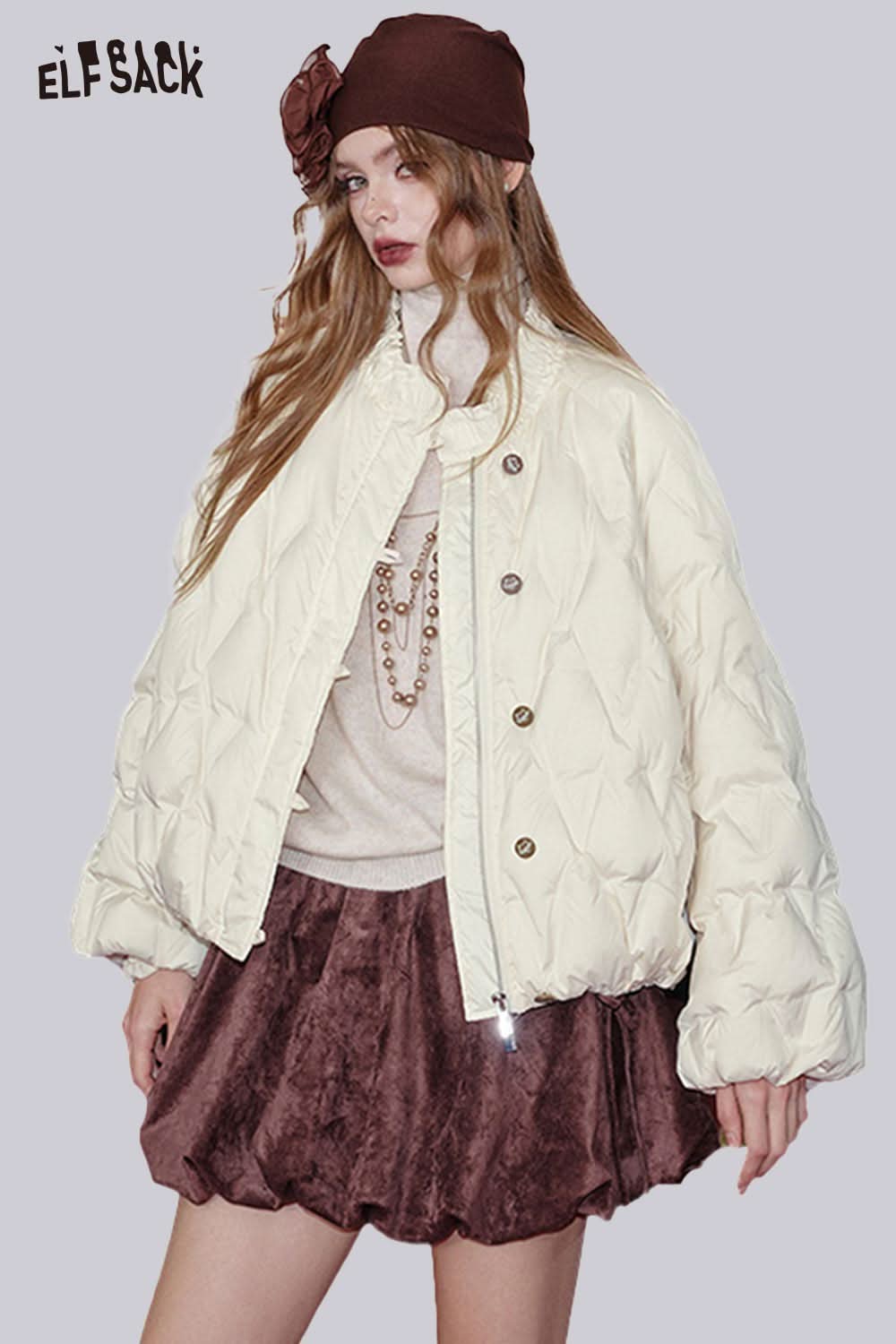 ELFSACK women's quilted puffer jacket in cream with a stylish oversized fit and buttons