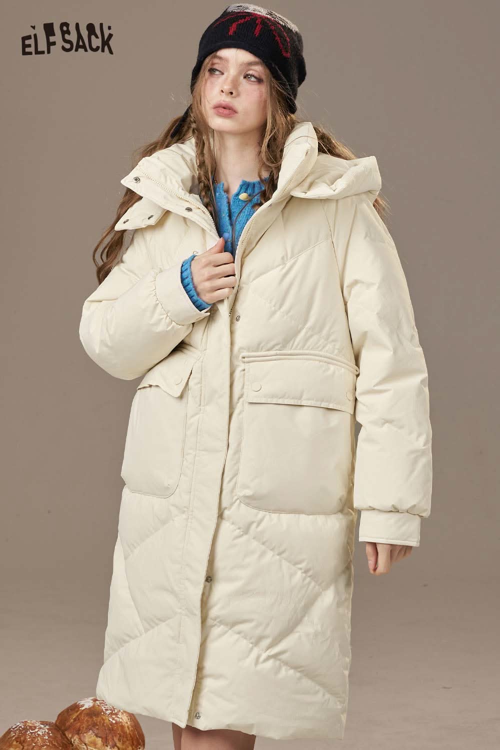 ELFSACK women's quilted puffer jacket in cream with a stylish oversized design and hood
