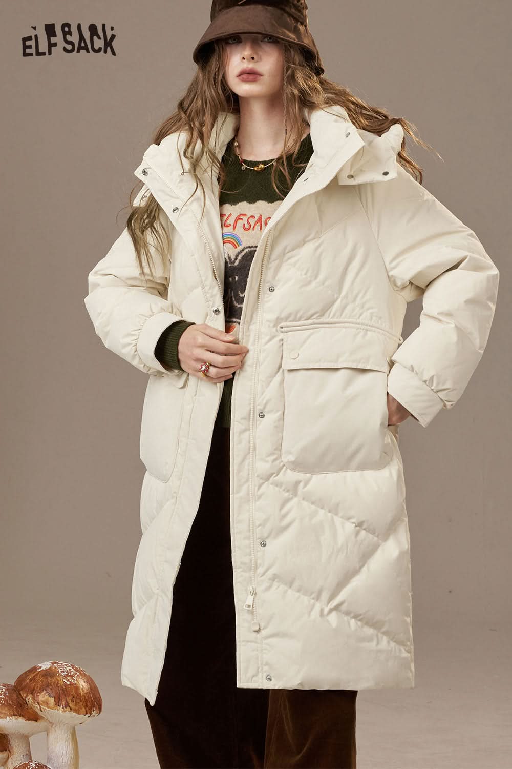 ELFSACK women's quilted puffer jacket in white with warm insulation and stylish design