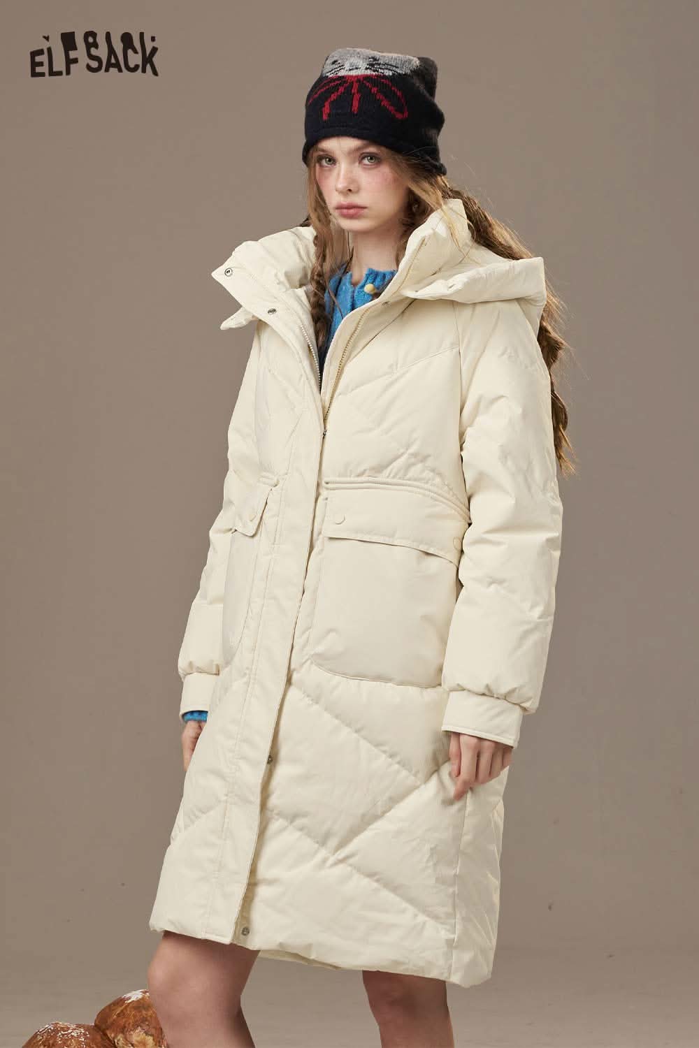 ELFSACK women's quilted puffer jacket in cream color with a stylish hood and pockets