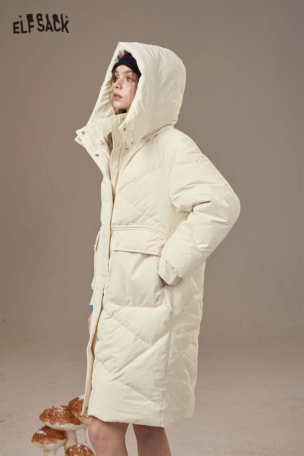 ELFSACK women's quilted puffer jacket in cream color with a hood and belt detail