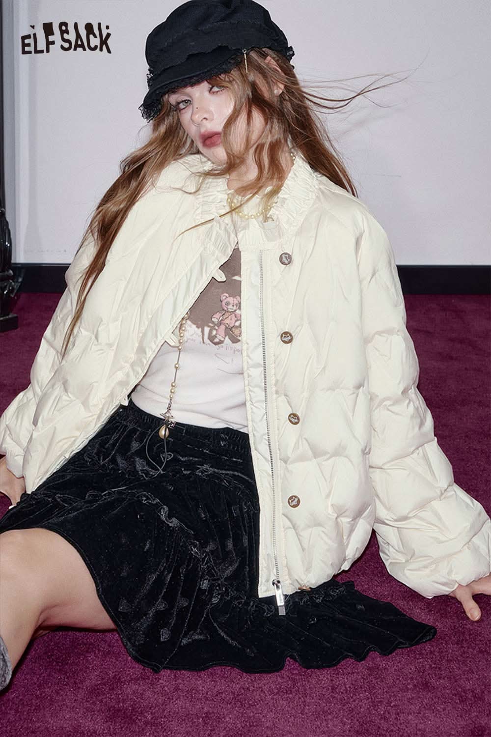 ELFSACK women's quilted puffer jacket in cream, featuring a relaxed fit and stylish design for winter fashion