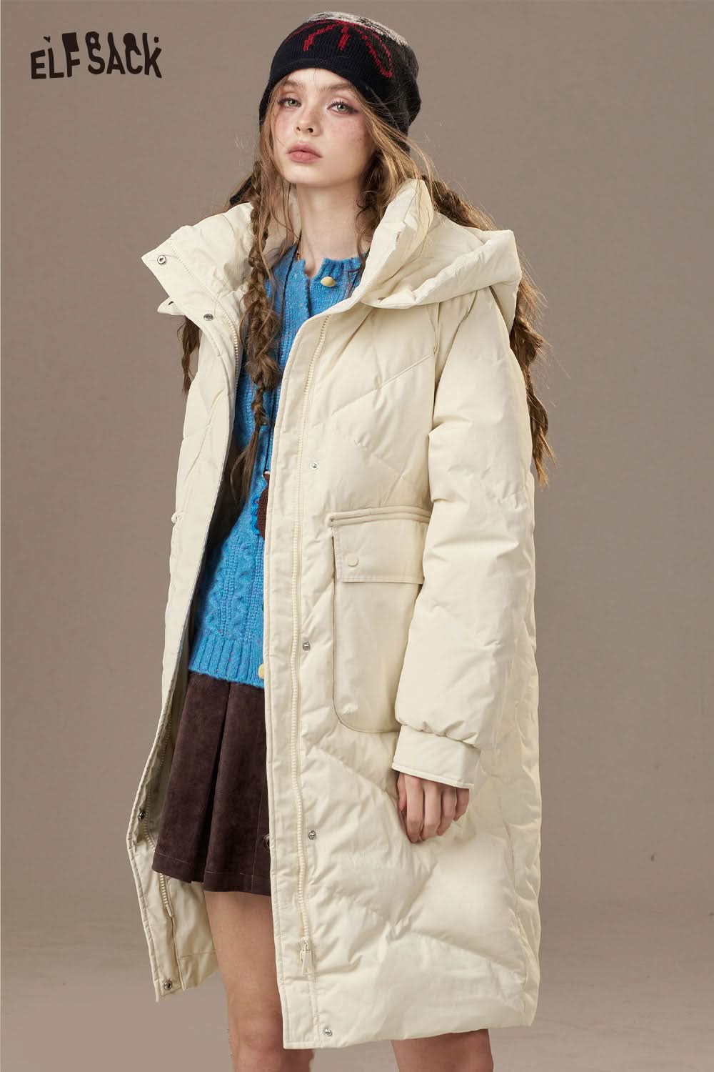 ELFSACK women's quilted puffer jacket in cream with hood, perfect for winter warmth and style