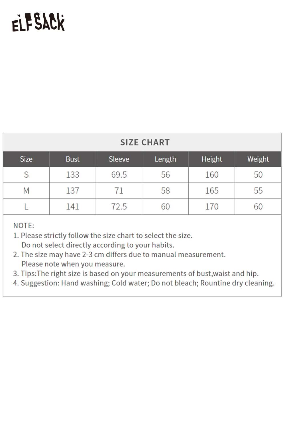 Size chart for ELFSACK women's quilted puffer jacket with measurements for bust, sleeve, length, height, and weight.