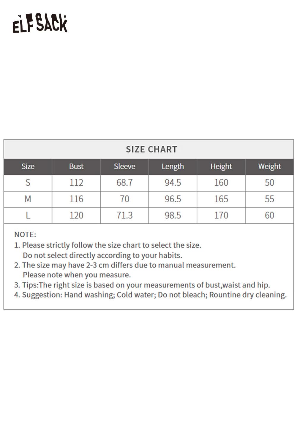 ELFSACK size chart for women's quilted puffer jacket showing sizes and measurements for a perfect fit