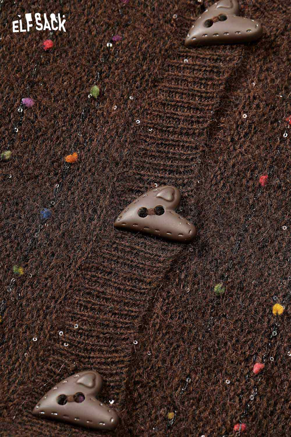ELFSACK women's relaxed fit open front cardigan in brown with unique heart-shaped buttons and colorful speckles