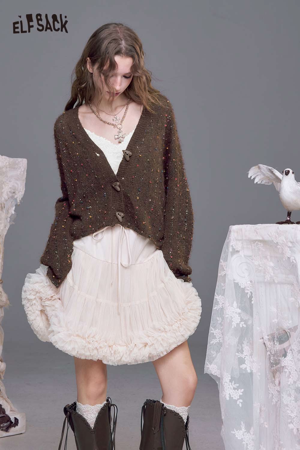 ELFSACK women's relaxed fit open front cardigan in brown, paired with a cream dress for a stylish look