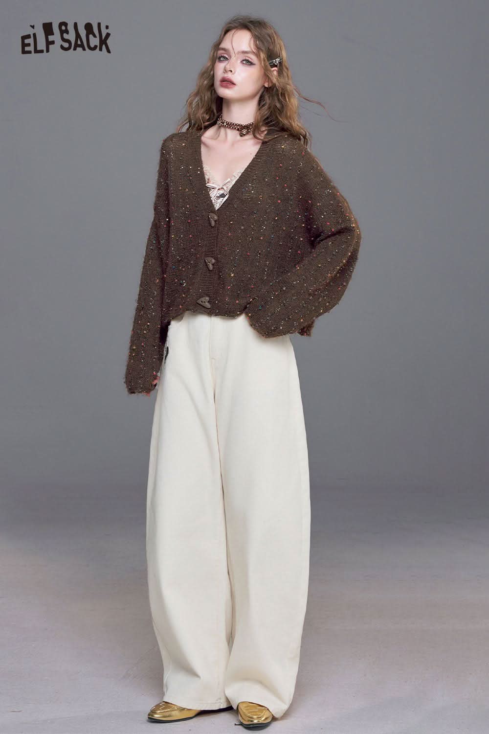 ELFSACK women's relaxed fit open front cardigan in brown with textured design for casual wear