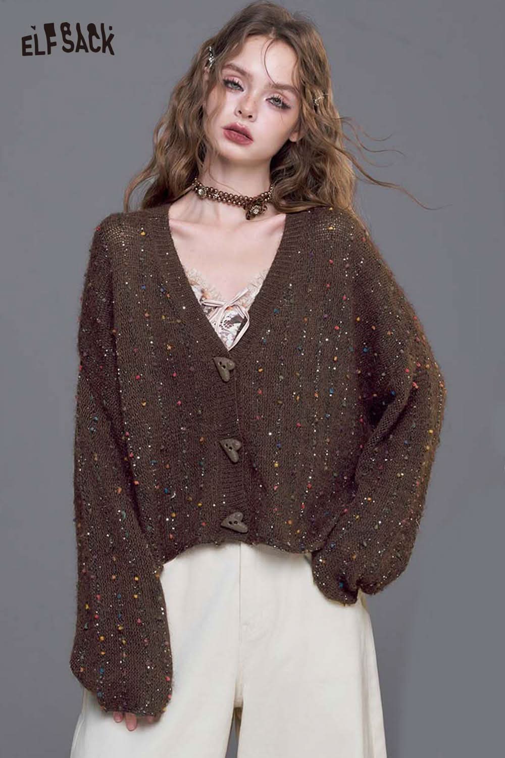 ELFSACK women's relaxed fit open front cardigan in brown with colorful flecks and oversized sleeves