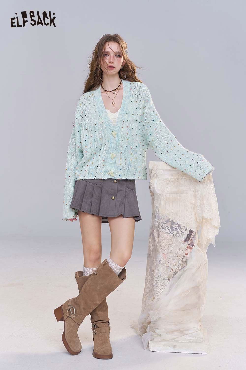ELFSACK women's relaxed fit open front cardigan in light blue paired with stylish skirt and boots