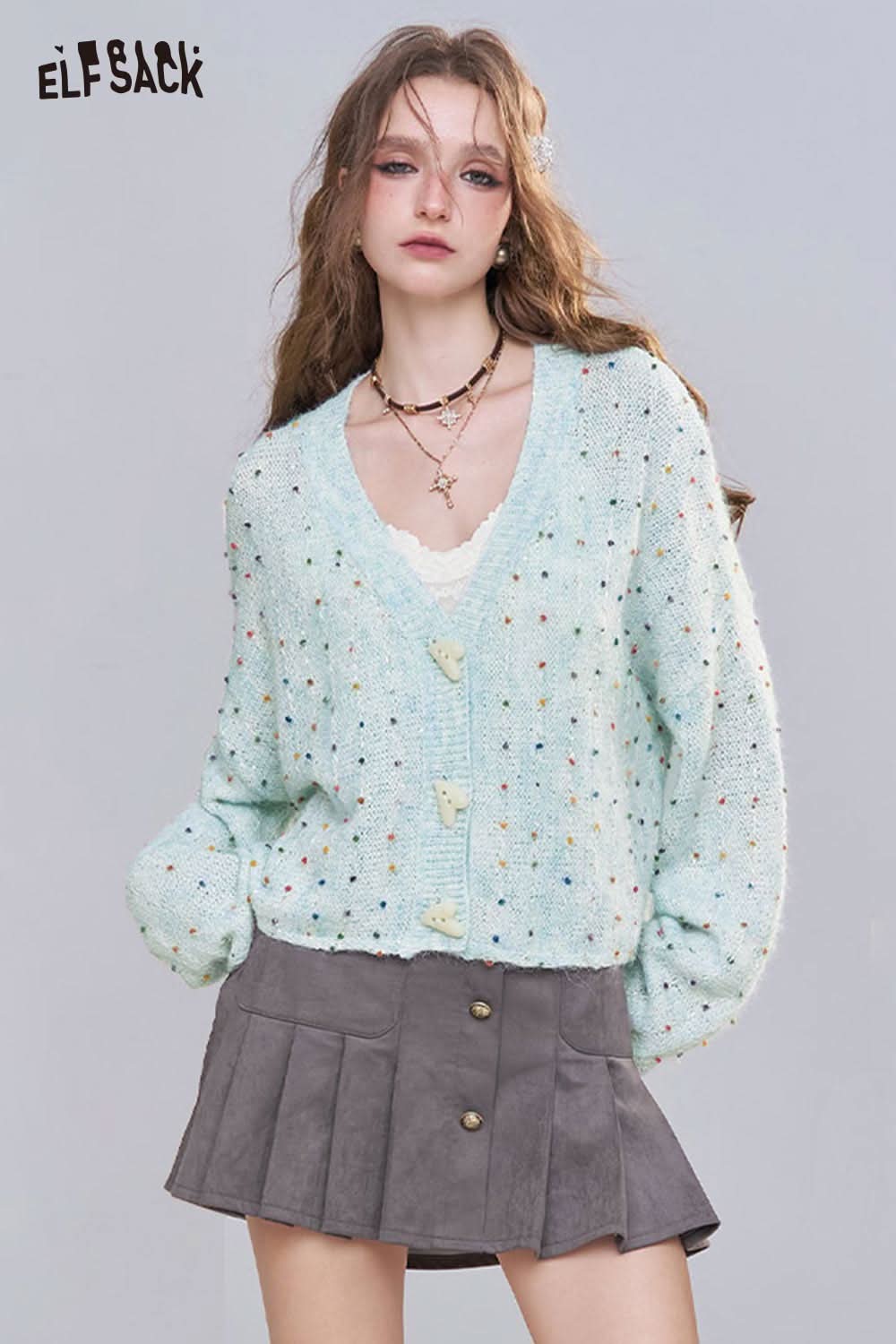 ELFSACK women's relaxed fit open front cardigan in light blue with textured design and buttons