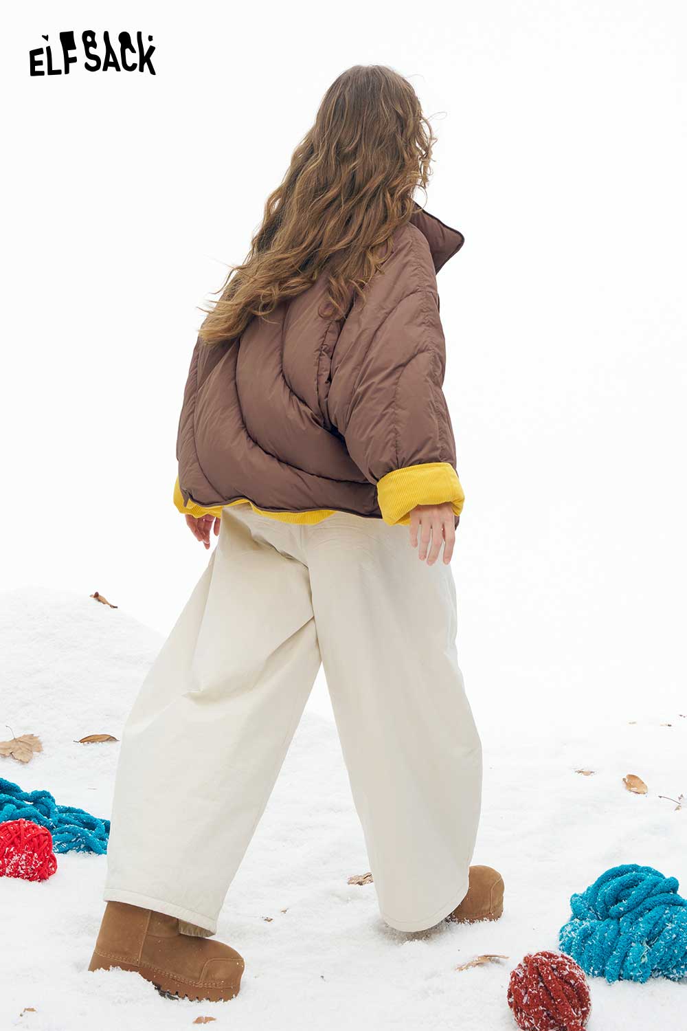 ELFSACK women's reversible down jacket in brown and yellow, perfect for winter style and warmth