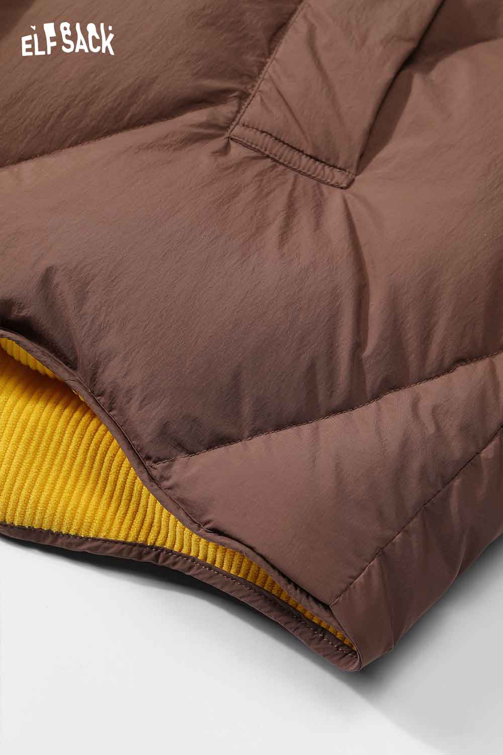 ELFSACK women's reversible down jacket in brown and yellow with a cozy, puffy design.