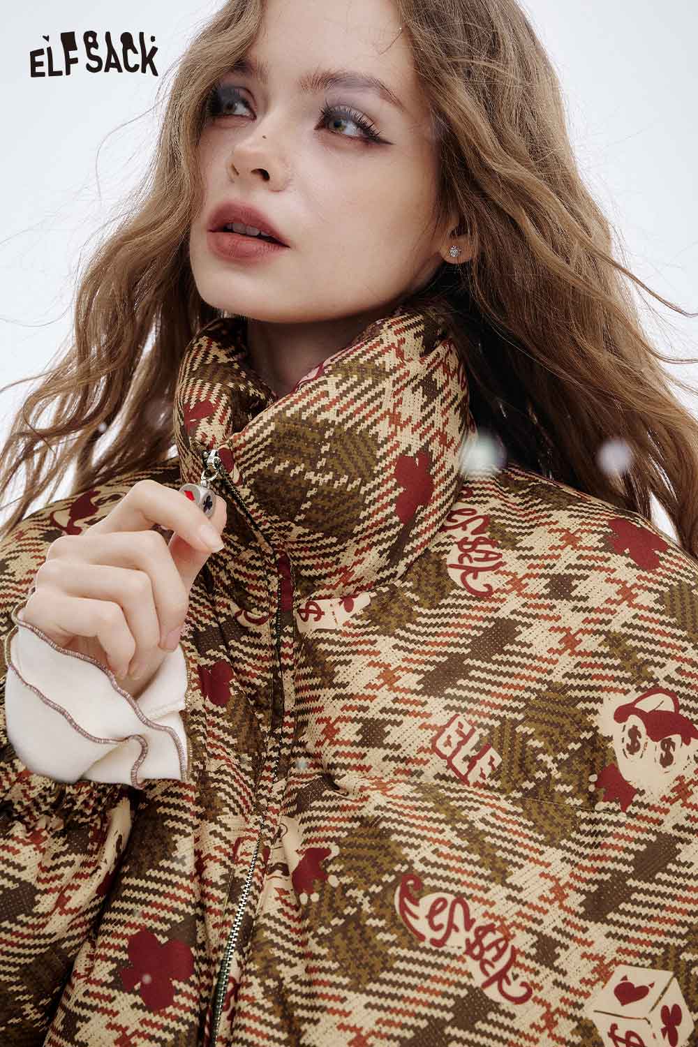 ELFSACK women's reversible down jacket featuring a stylish plaid design for winter warmth