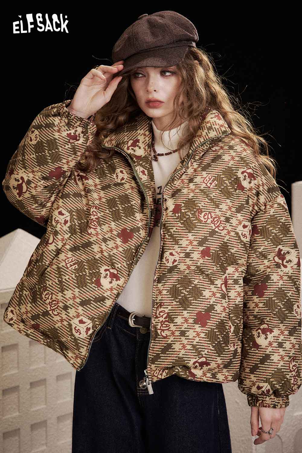 ELFSACK women's reversible down jacket featuring a stylish plaid design and cozy fit