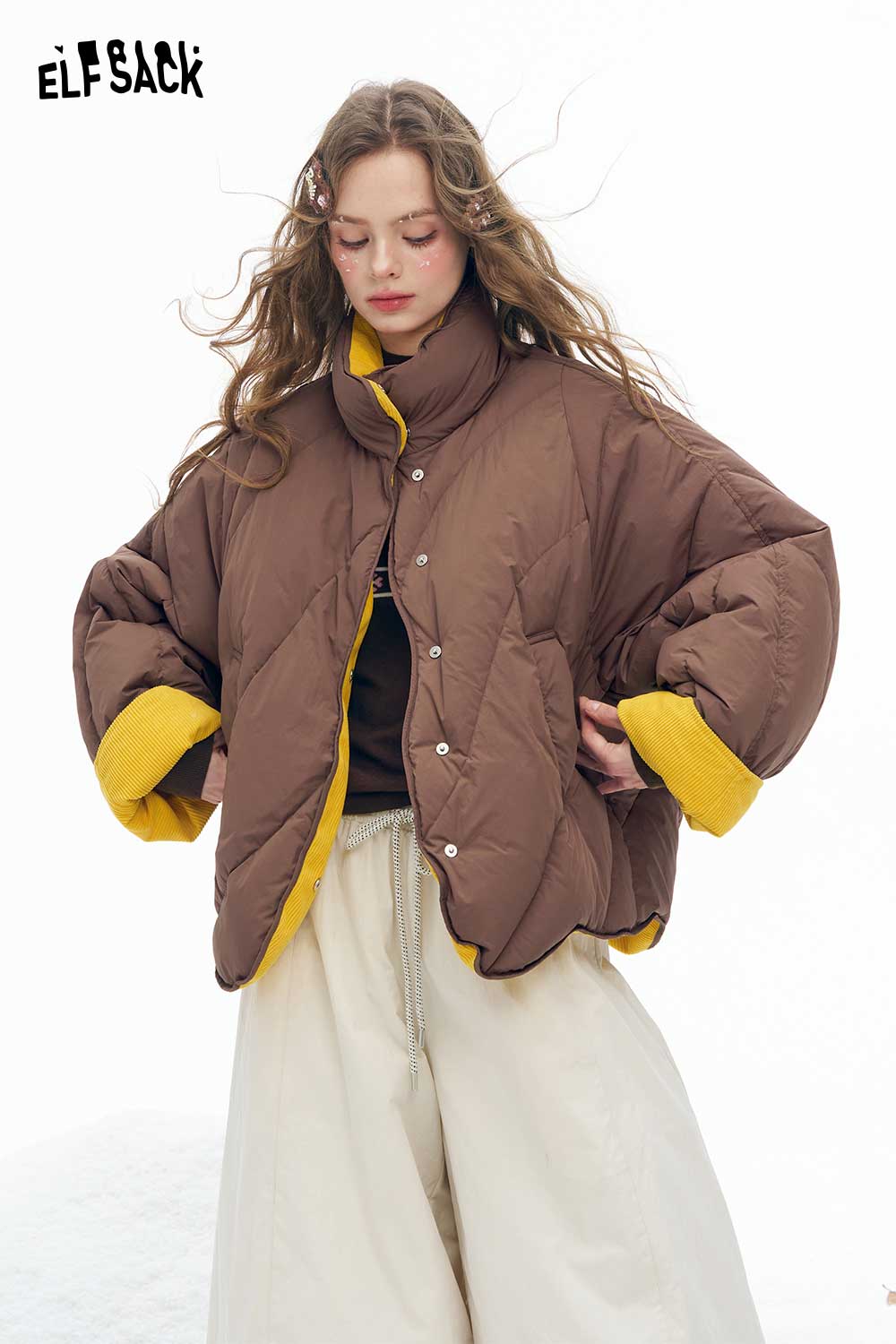 ELFSACK women's reversible down jacket in brown and yellow with a cozy oversized fit