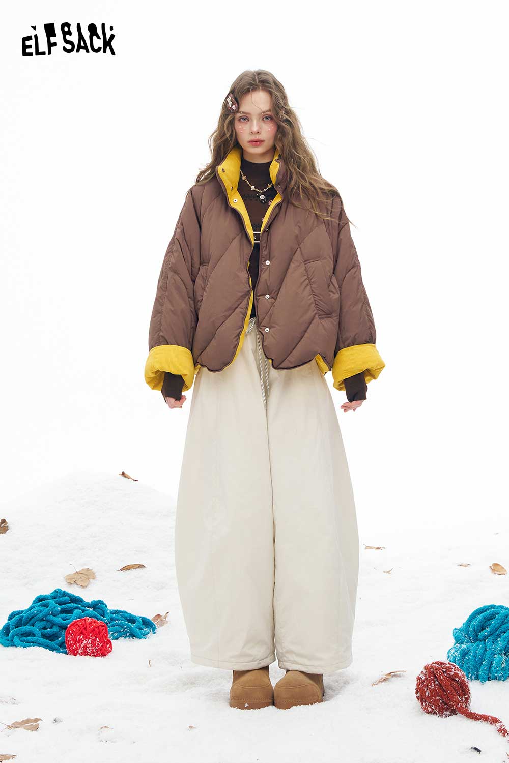 ELFSACK women's reversible down jacket in brown and yellow with a stylish oversized fit