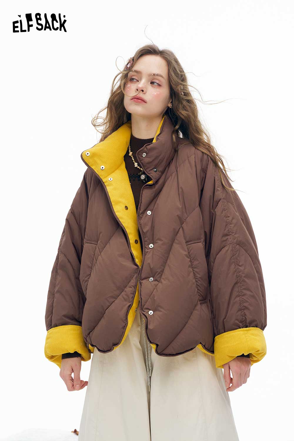 ELFSACK women's reversible down jacket in brown with yellow interior for stylish winter warmth