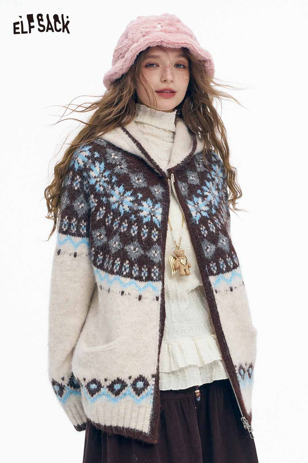 ELFSACK women's ruffle high neck t-shirt layered under cozy knit cardigan for a stylish winter look