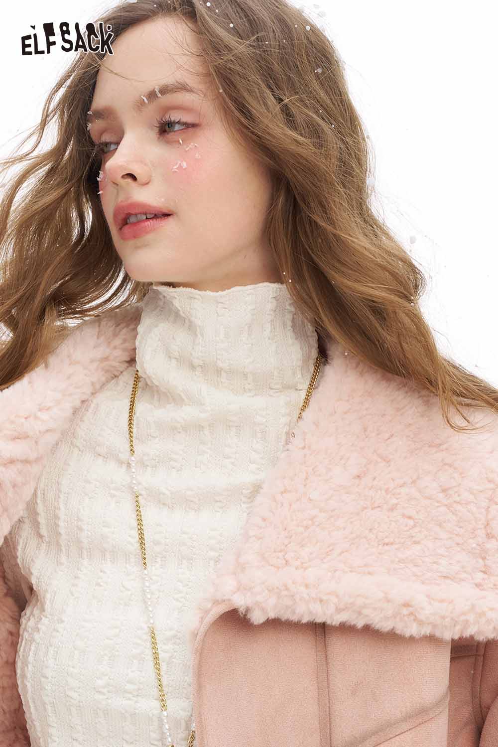 ELFSACK women's ruffle high neck t-shirt in cream, perfect for stylish layers in colder weather