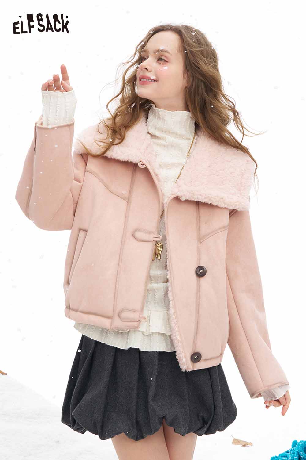 ELFSACK women's ruffle high neck t-shirt paired with a stylish pink jacket for a chic look