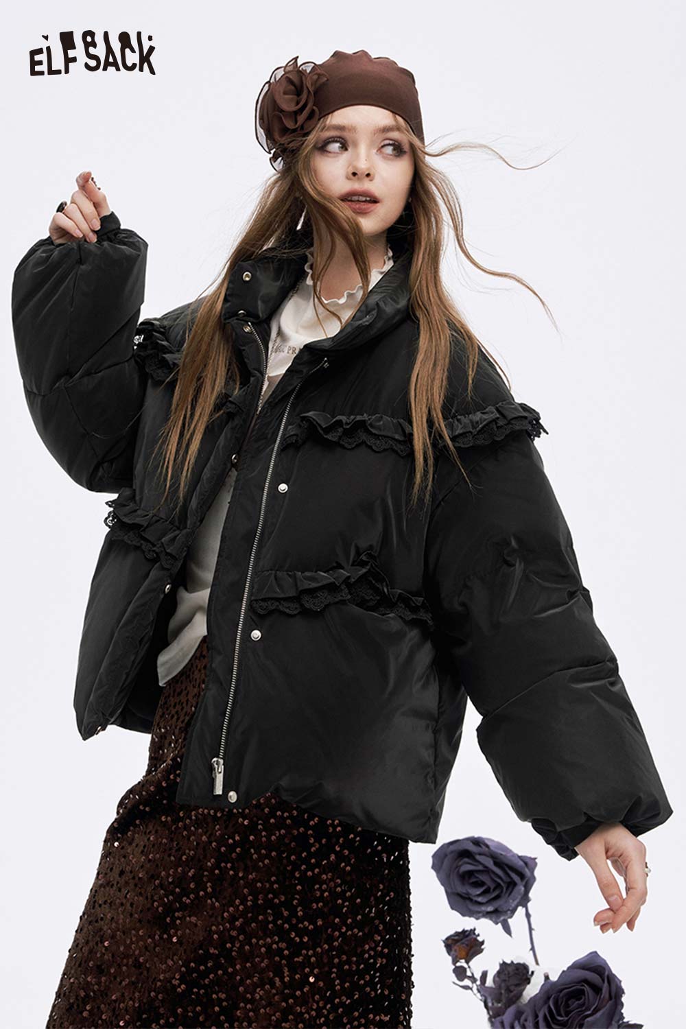 ELFSACK women's ruffle puffer down jacket in black with ruffled accents for stylish warmth