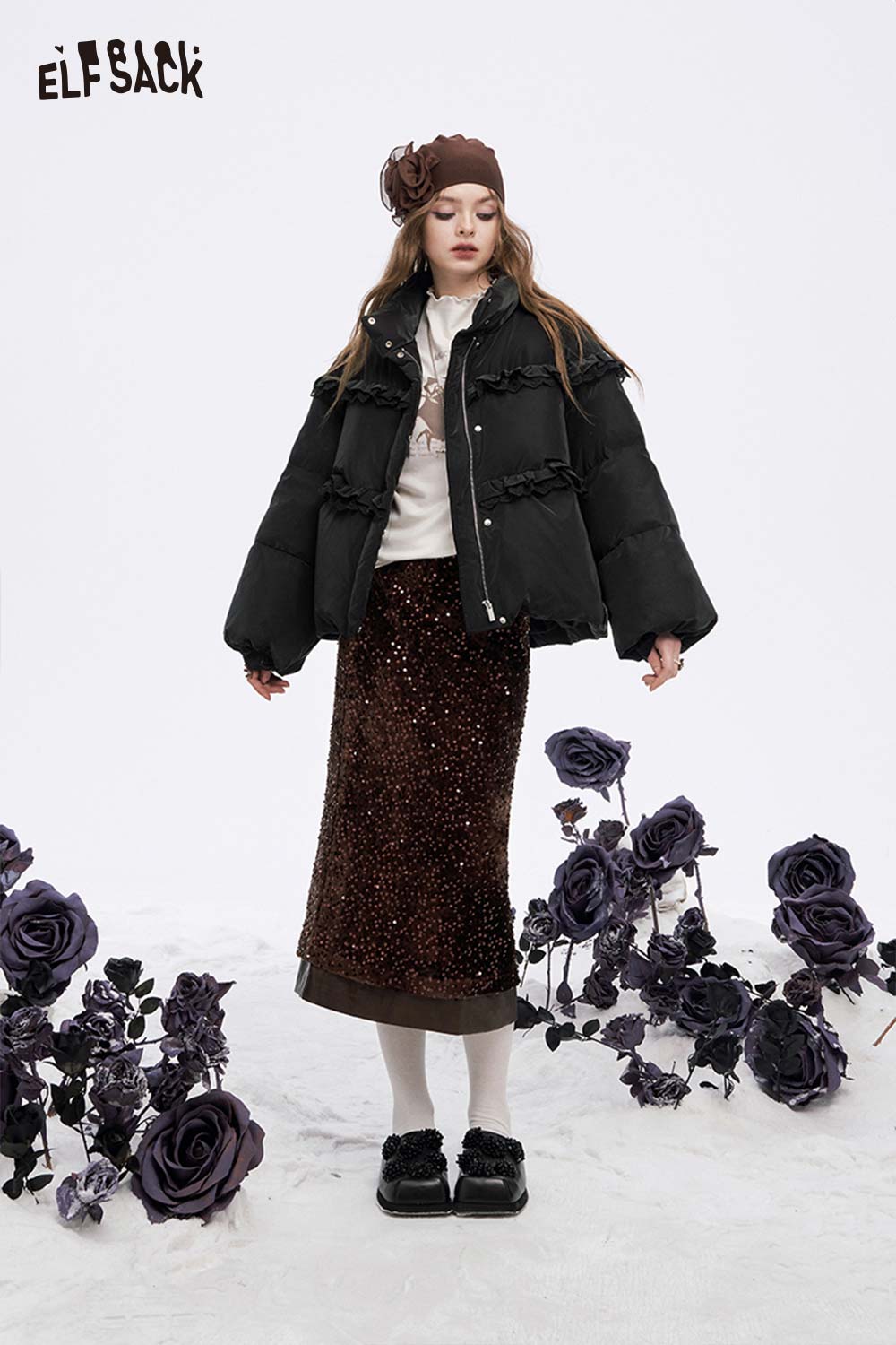 ELFSACK women's ruffle puffer down jacket features a stylish design with a cozy fit for winter fashion.