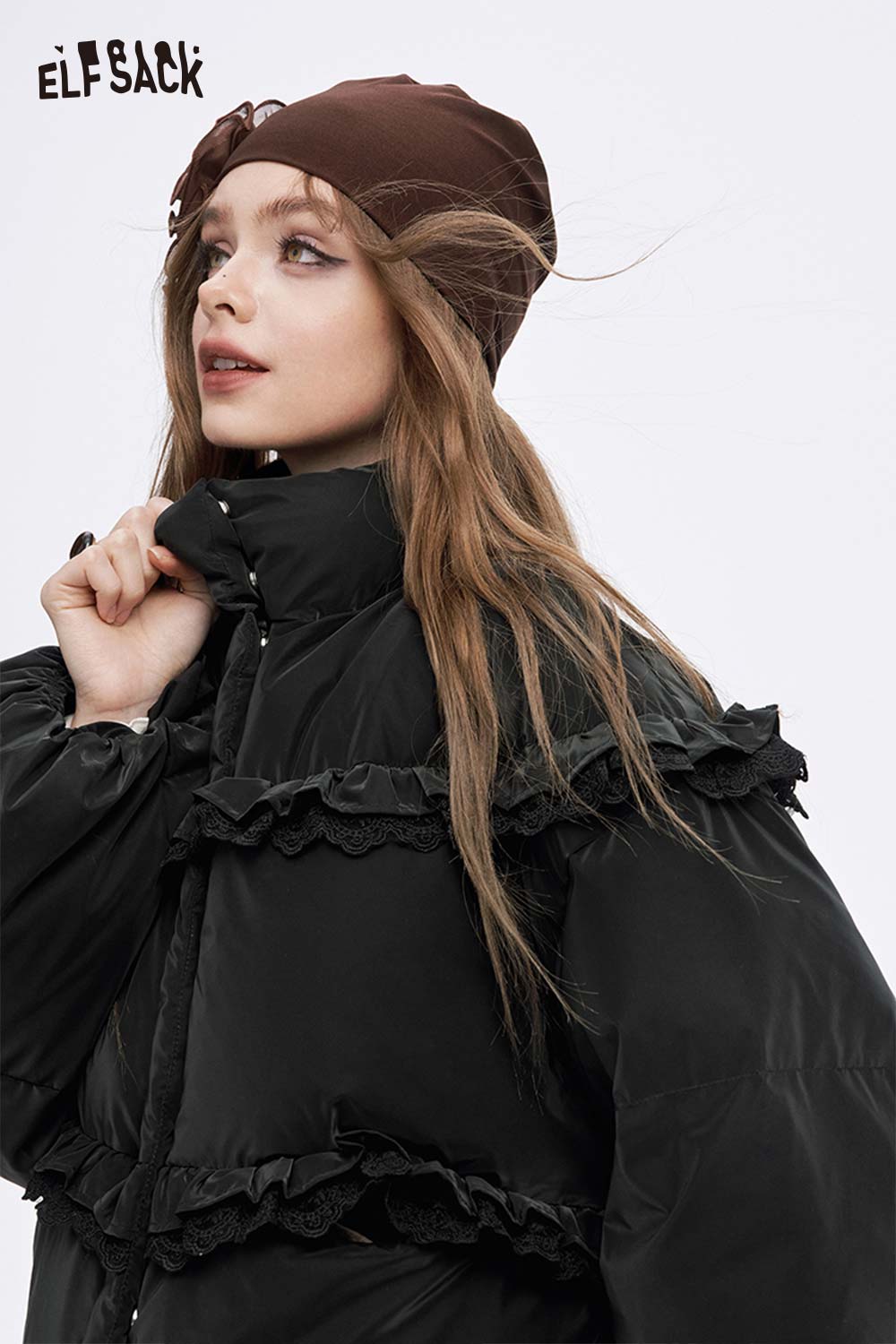 ELFSACK women's ruffle puffer down jacket with ruffled design for stylish warmth and comfort