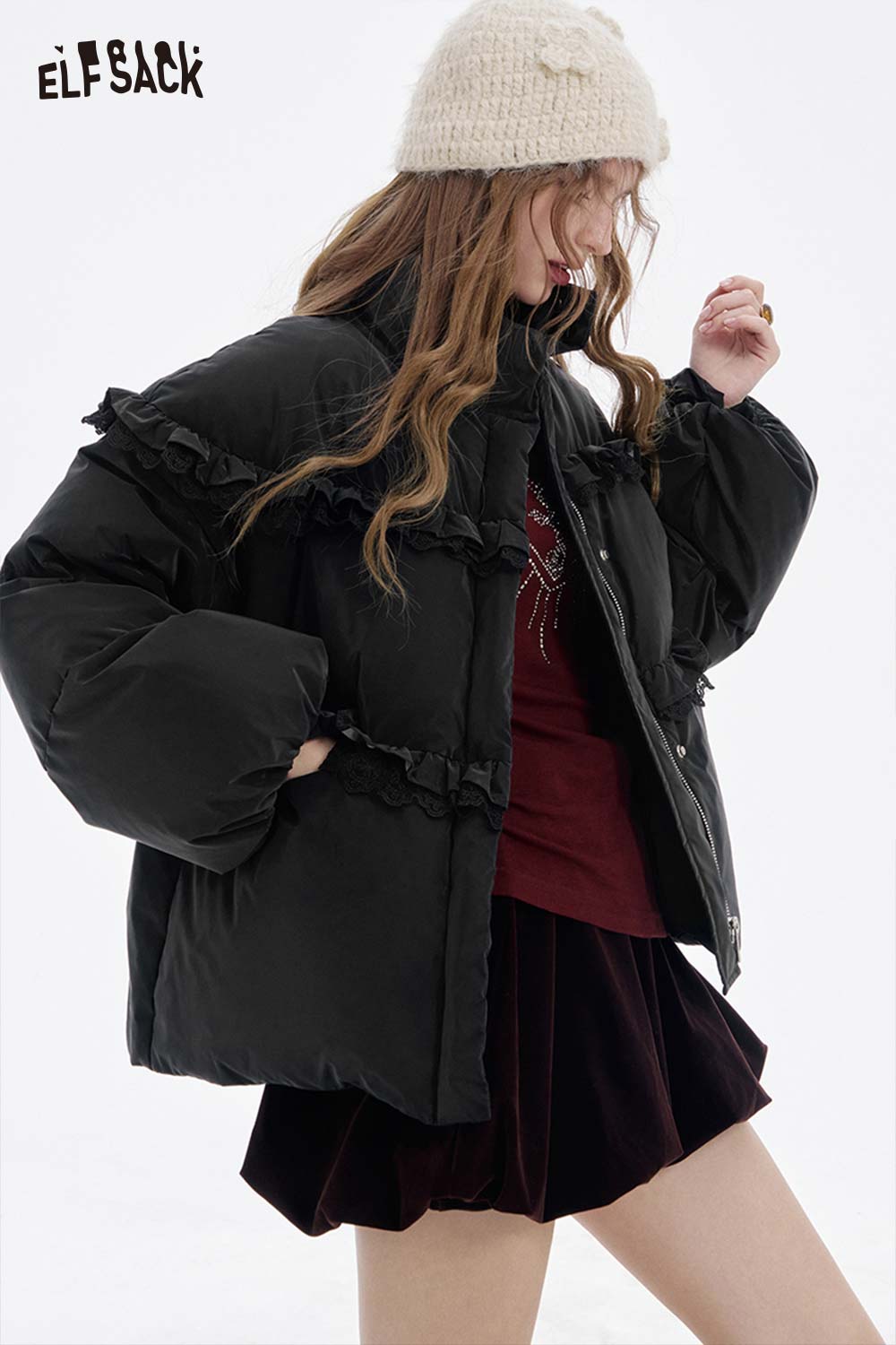 ELFSACK women's ruffle puffer down jacket in black with stylish ruffle details for a trendy winter look