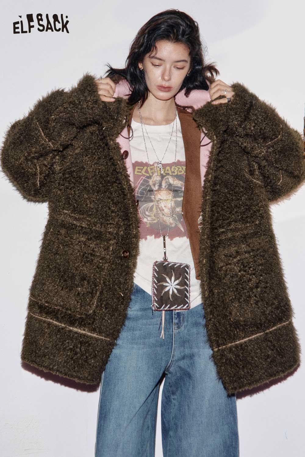 ELFSACK women's sherpa lined long coat in brown, featuring a cozy design and oversized fit for warmth