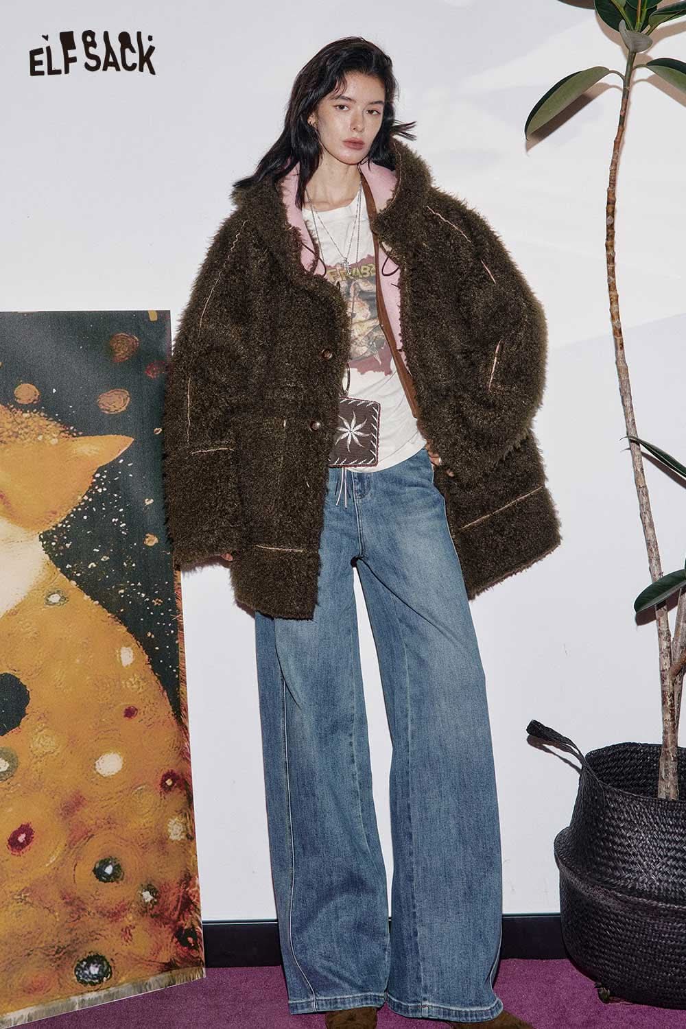 ELFSACK women's sherpa lined long coat in brown for stylish warmth and comfort in colder weather