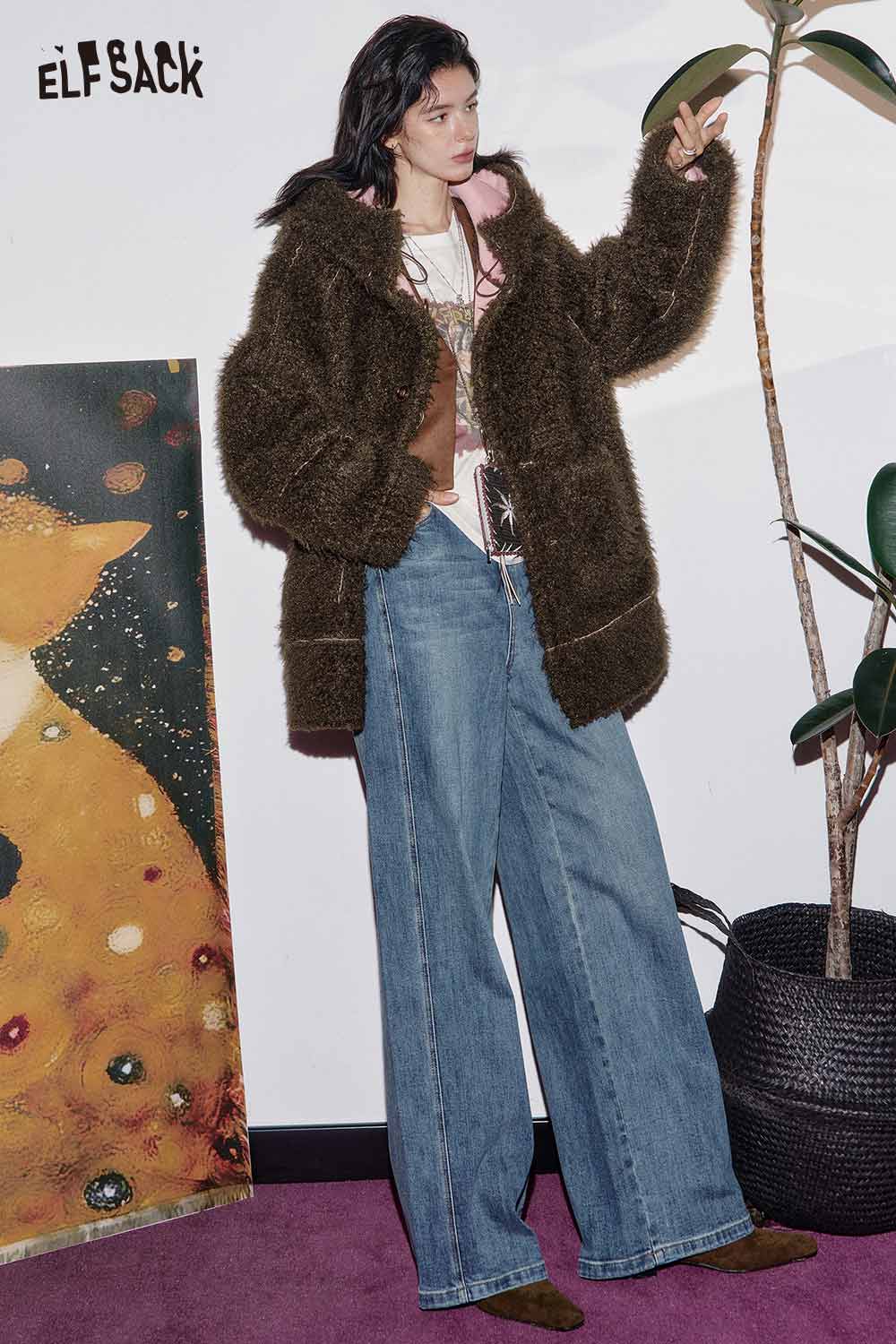 ELFSACK women's sherpa lined long coat in brown, stylish and warm for cold weather fashion.