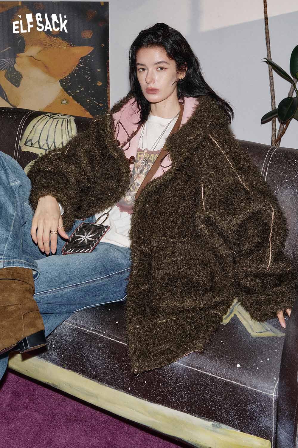ELFSACK women's sherpa lined long coat in brown, perfect for stylish winter layering
