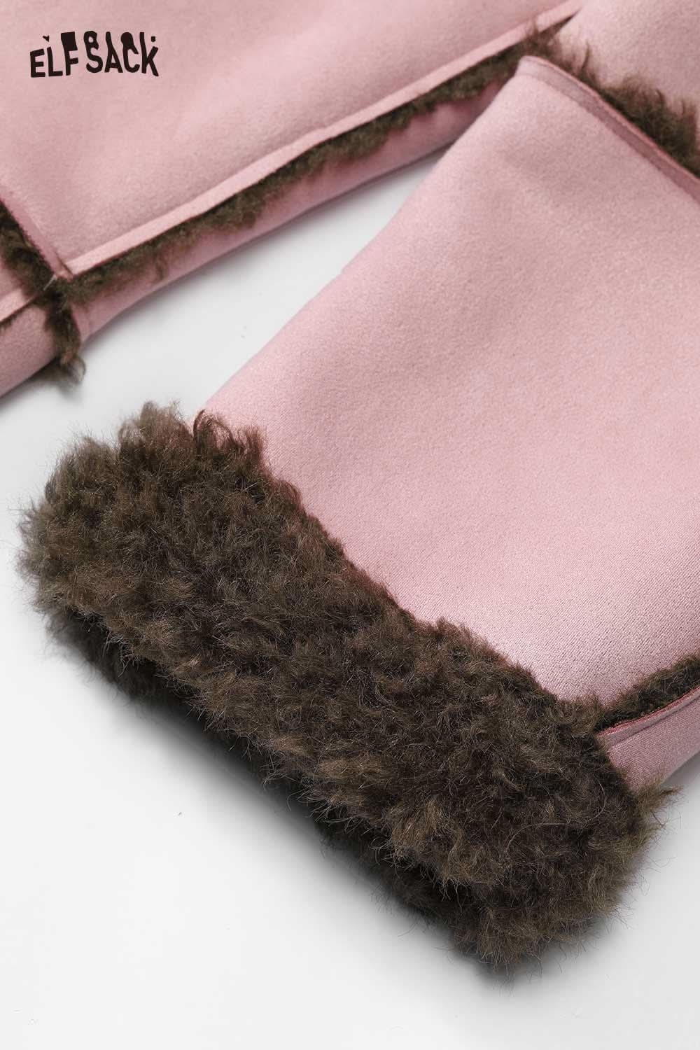 ELFSACK women's sherpa lined long coat featuring a soft, plush lining in a stylish pink design