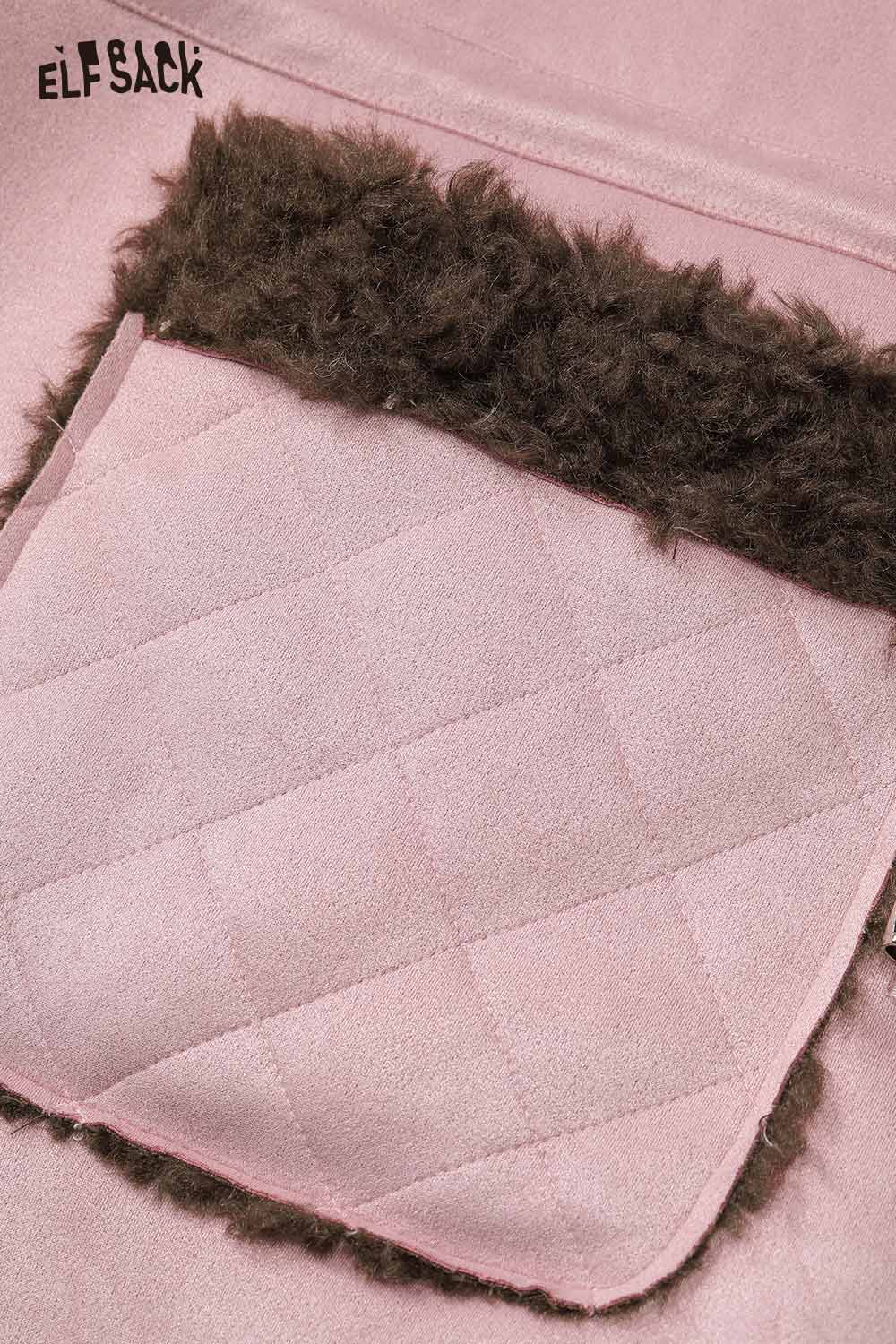 Close-up of ELFSACK women's sherpa lined long coat showcasing a cozy fur-lined pocket detail